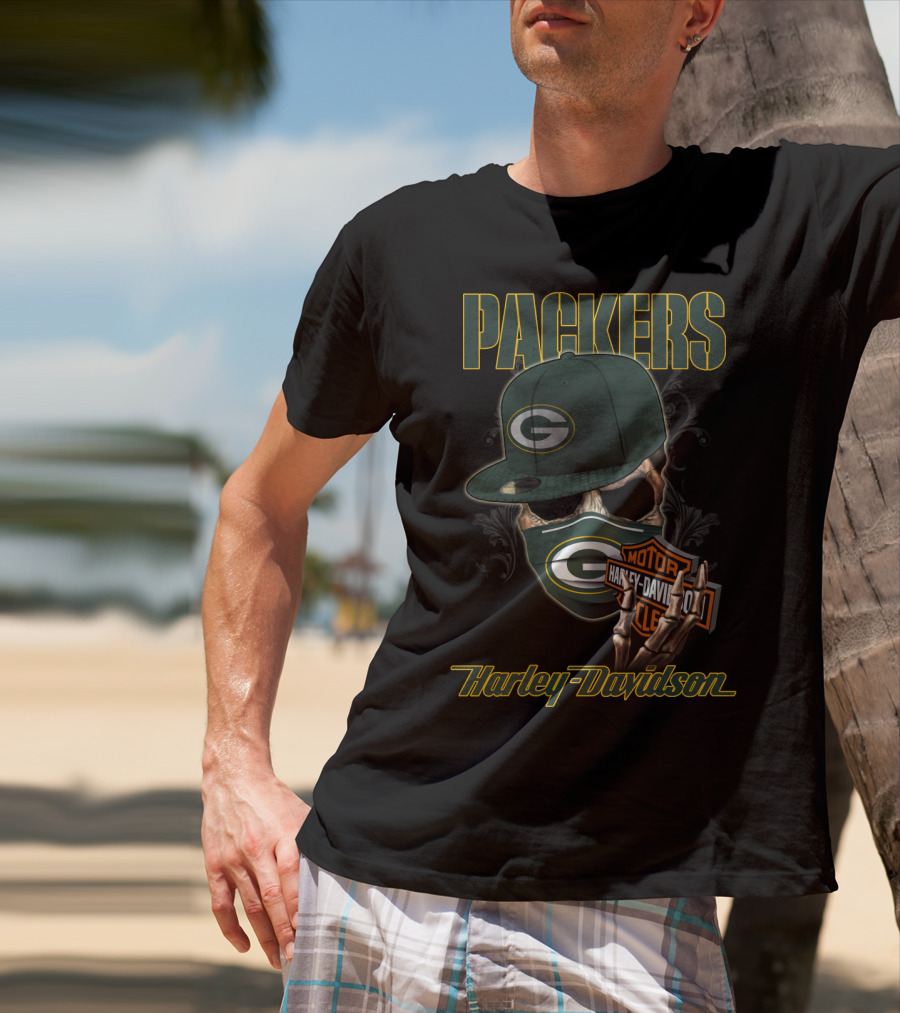 Packers Harley Davidson Skull With Green Bay Packers Cap And Bandana T-Shirt