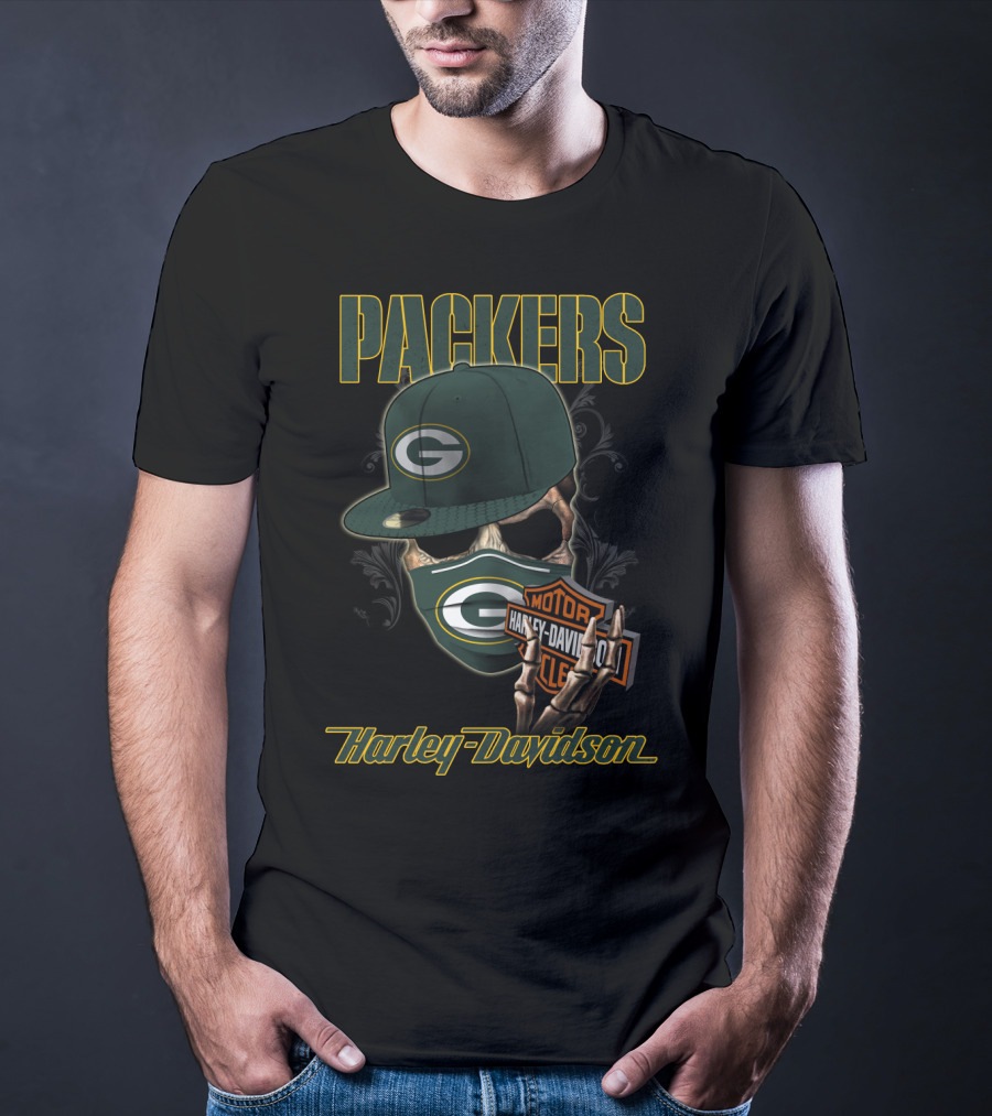 Packers Harley Davidson Skull With Green Bay Packers Cap And Bandana T-Shirt