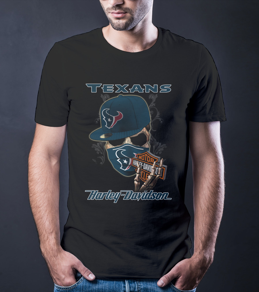 Texans Harley Davidson Skull With Cap And Bandana Nfl Houston Texans T-Shirt