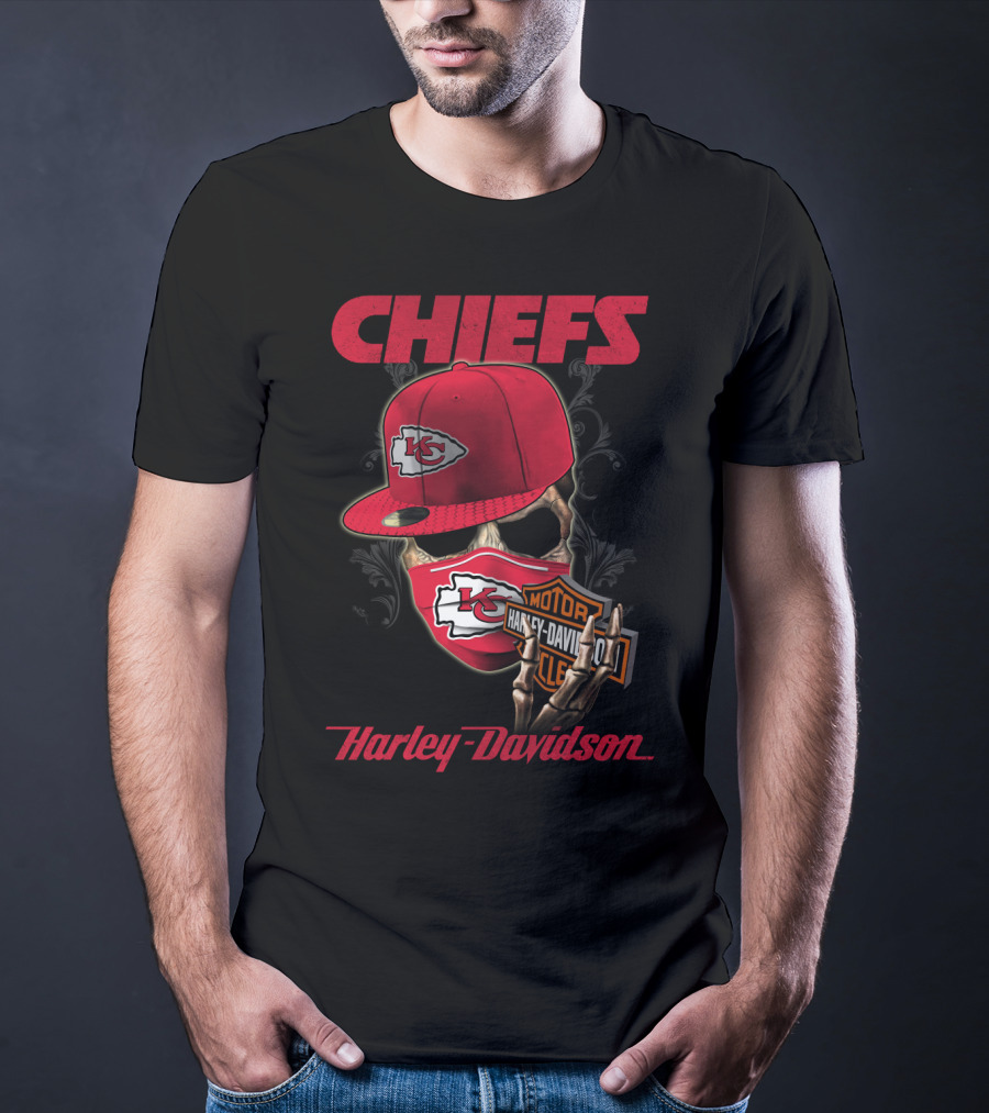 Kansas City Chiefs Harley Davidson Skull And Cap T-Shirt