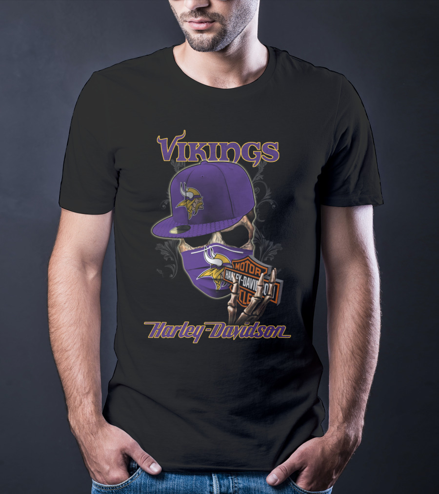 Vikings Harley Davidson Skeleton Wearing Nfl Minnesota Vikings Hat And Mask T-Shirt