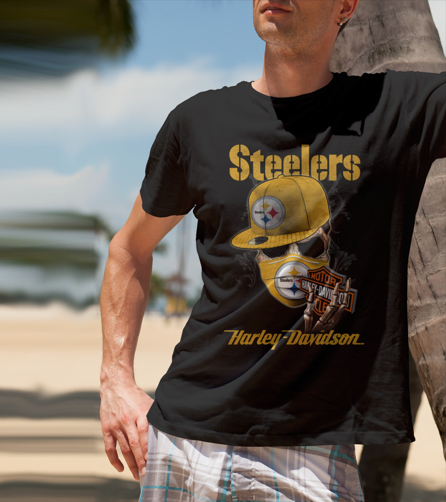 Steelers Harley Davidson Skull With Cap And Motorcycle T-Shirt