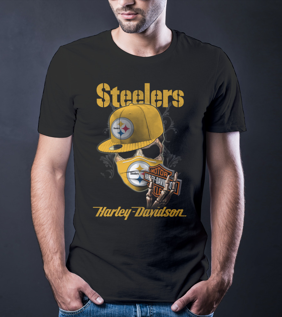 Steelers Harley Davidson Skull With Cap And Motorcycle T-Shirt