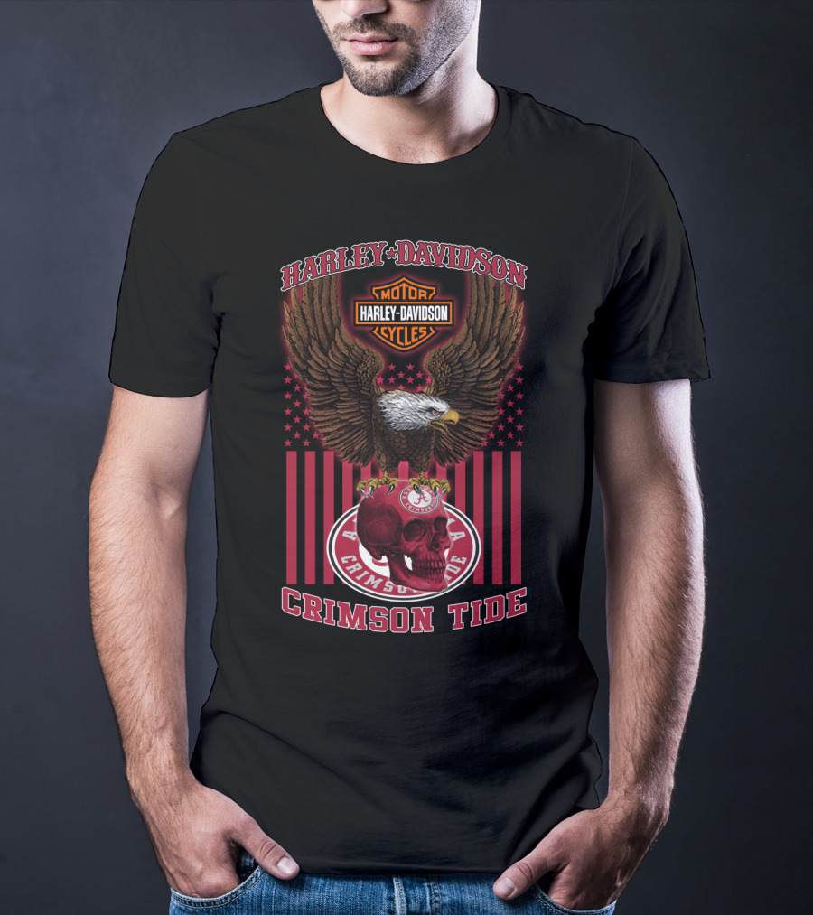 Harley Davidson Motor Cycles Eagle Skull Crimson Tide Alabama T-Shirt