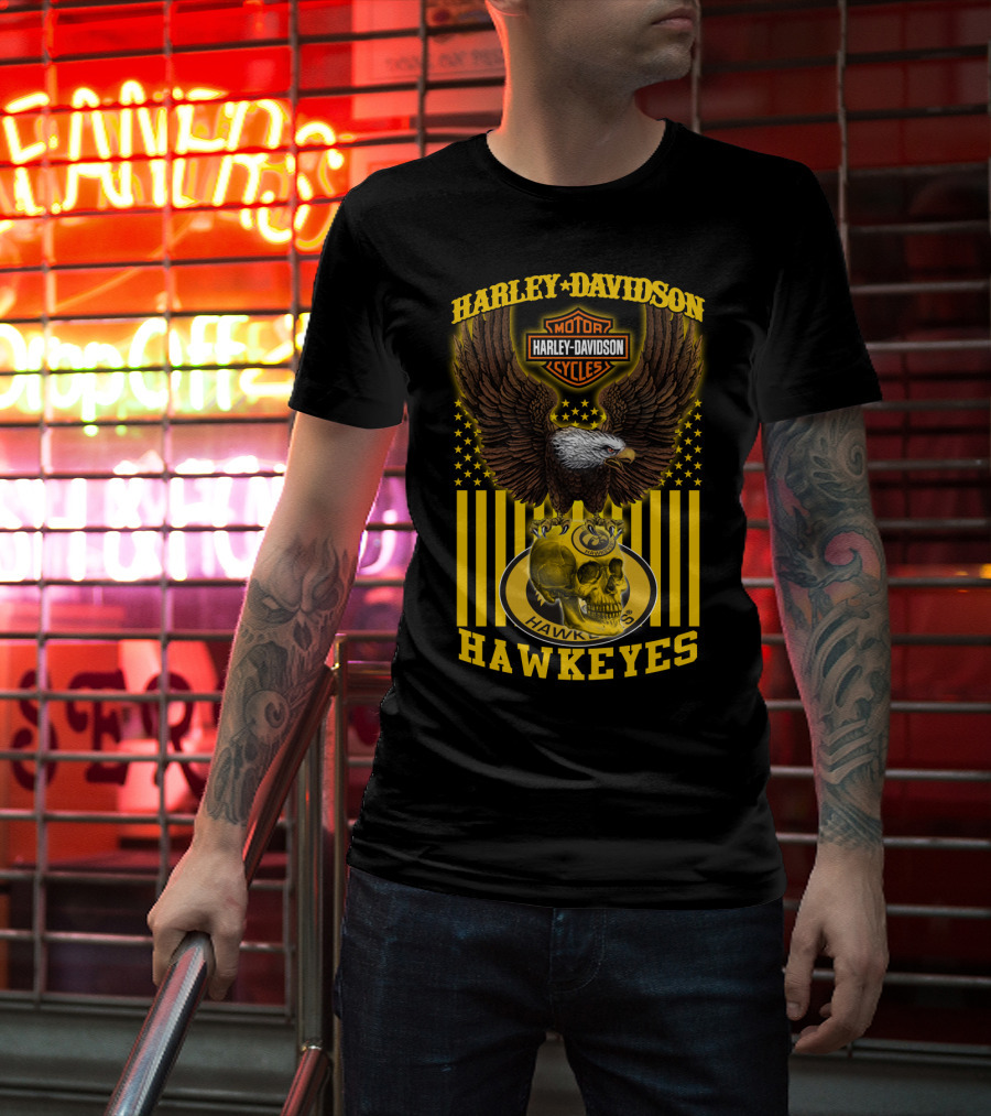 Harley Davidson Motor Cycles Hawkeyes Eagle And Skull T-Shirt