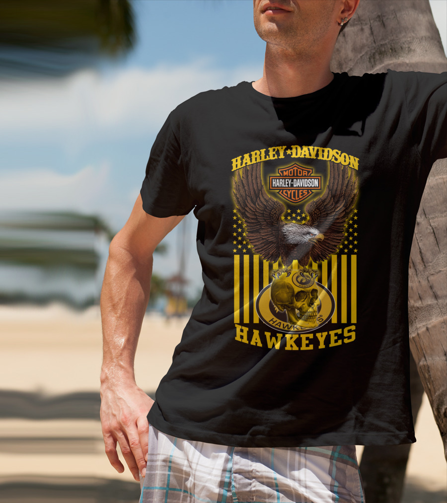 Harley Davidson Motor Cycles Hawkeyes Eagle And Skull T-Shirt