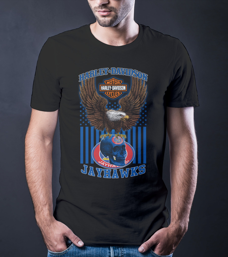 Harley Davidson Motor Cycles Kansas Jayhawks Eagles And Skull T-Shirt
