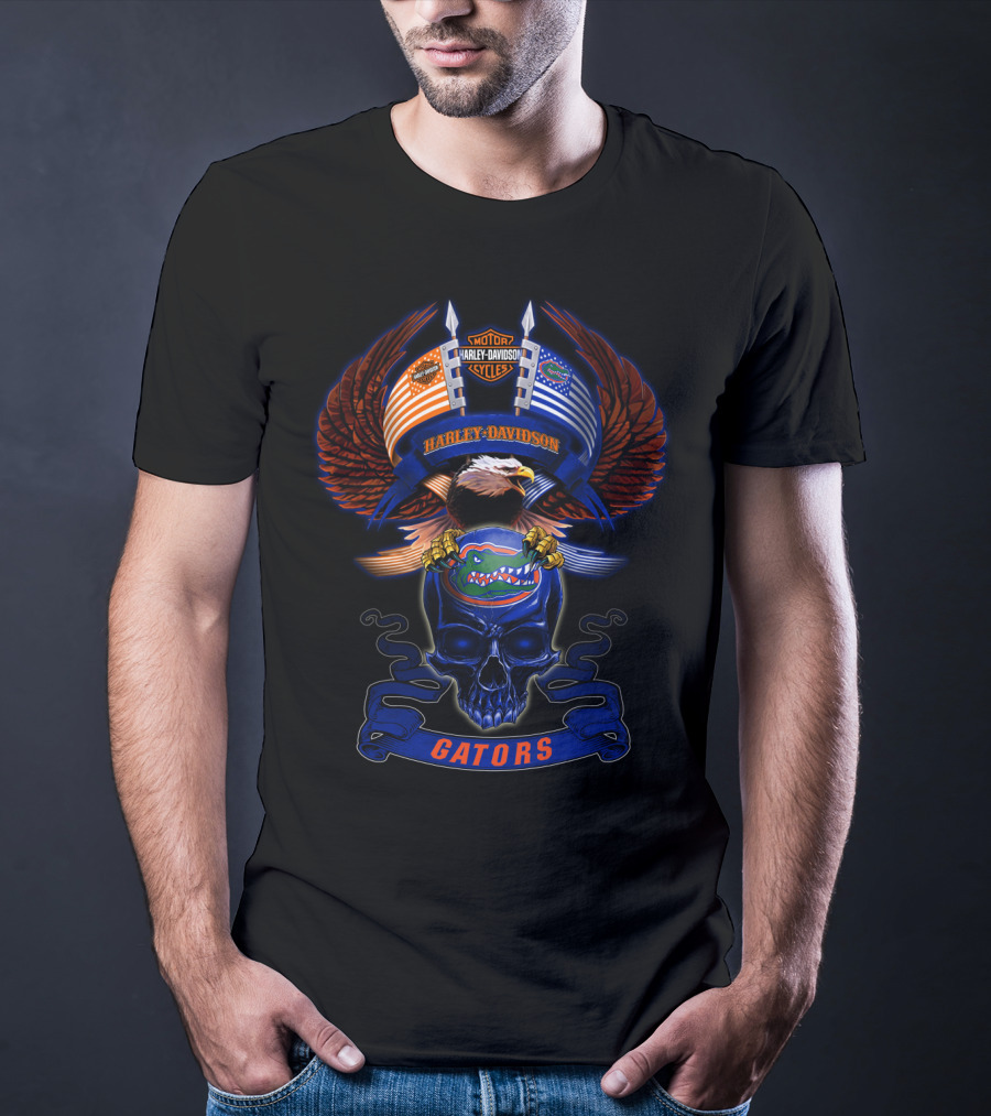 Harley Davidson Motor Cycles Florida Gators Eagle Skull T-Shirt