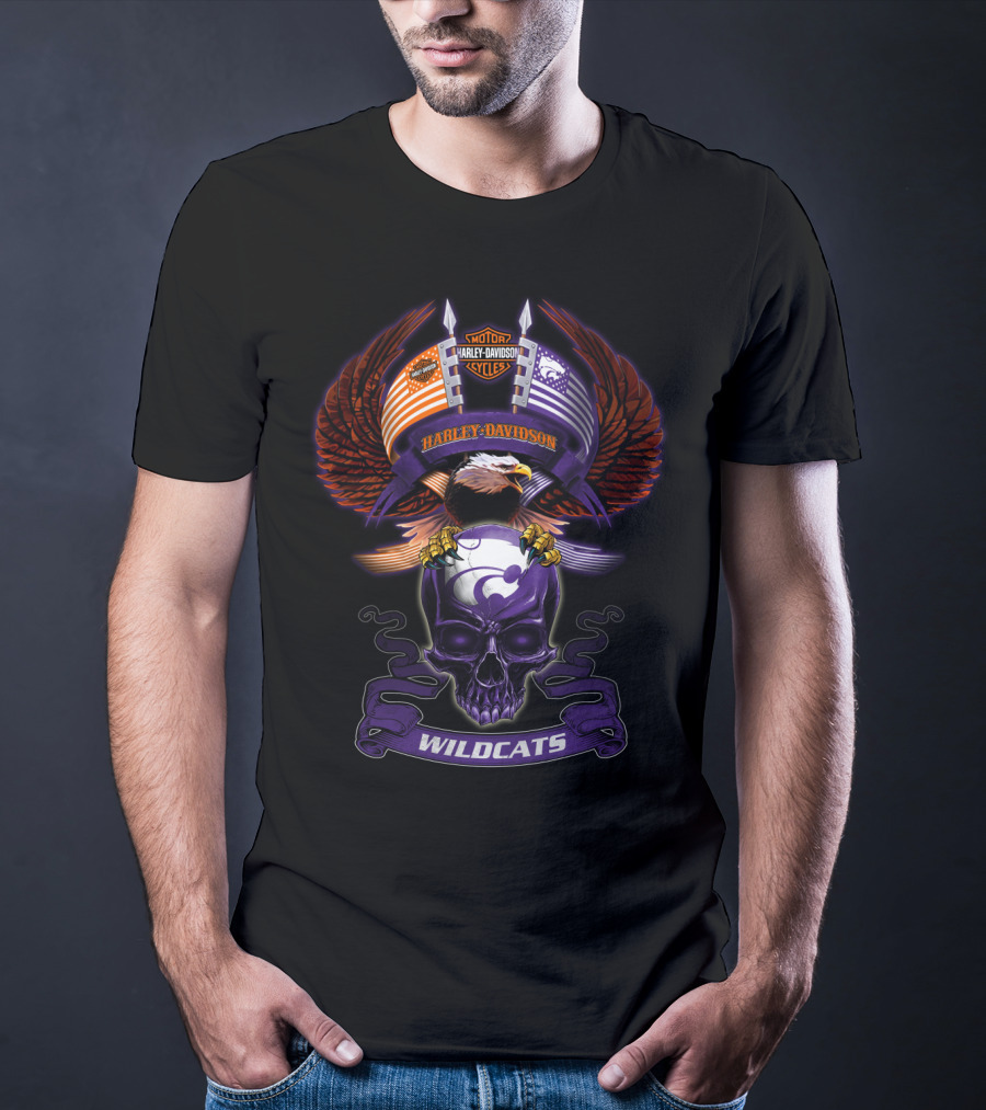 Harley Davidson Motor Cycles Kansas State Wildcats Bald Eagle Skull Wings T-Shirt