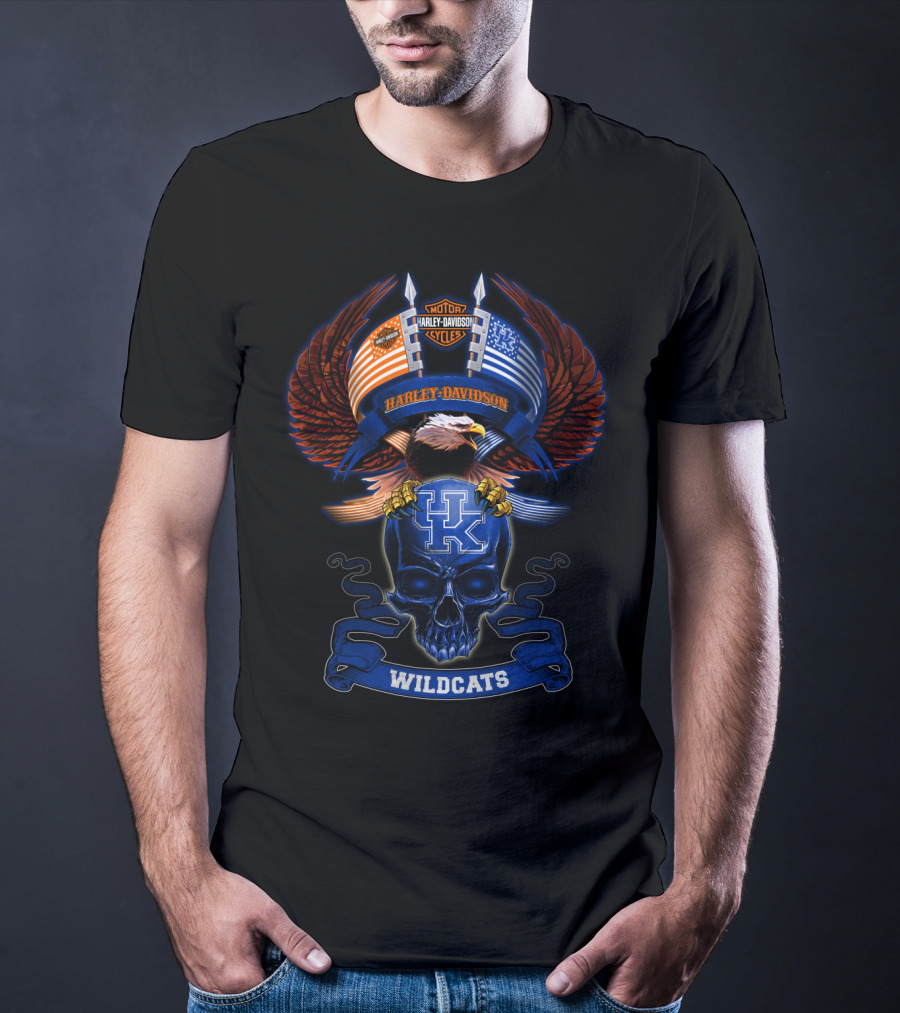 Harley Davidson Kentucky Wildcats Skull And American Flag Eagle T-Shirt