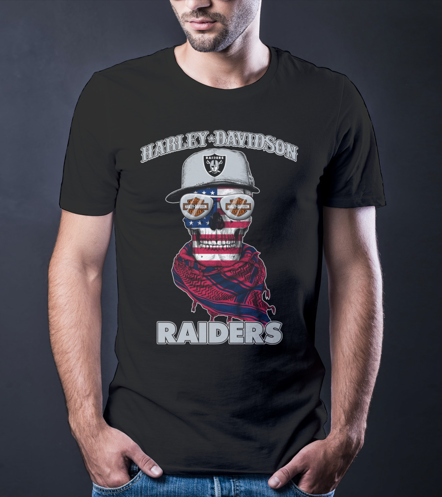 Harley Davidson Raiders Skull American Flag Bandana Nfl X Las Vegas Raiders T-Shirt