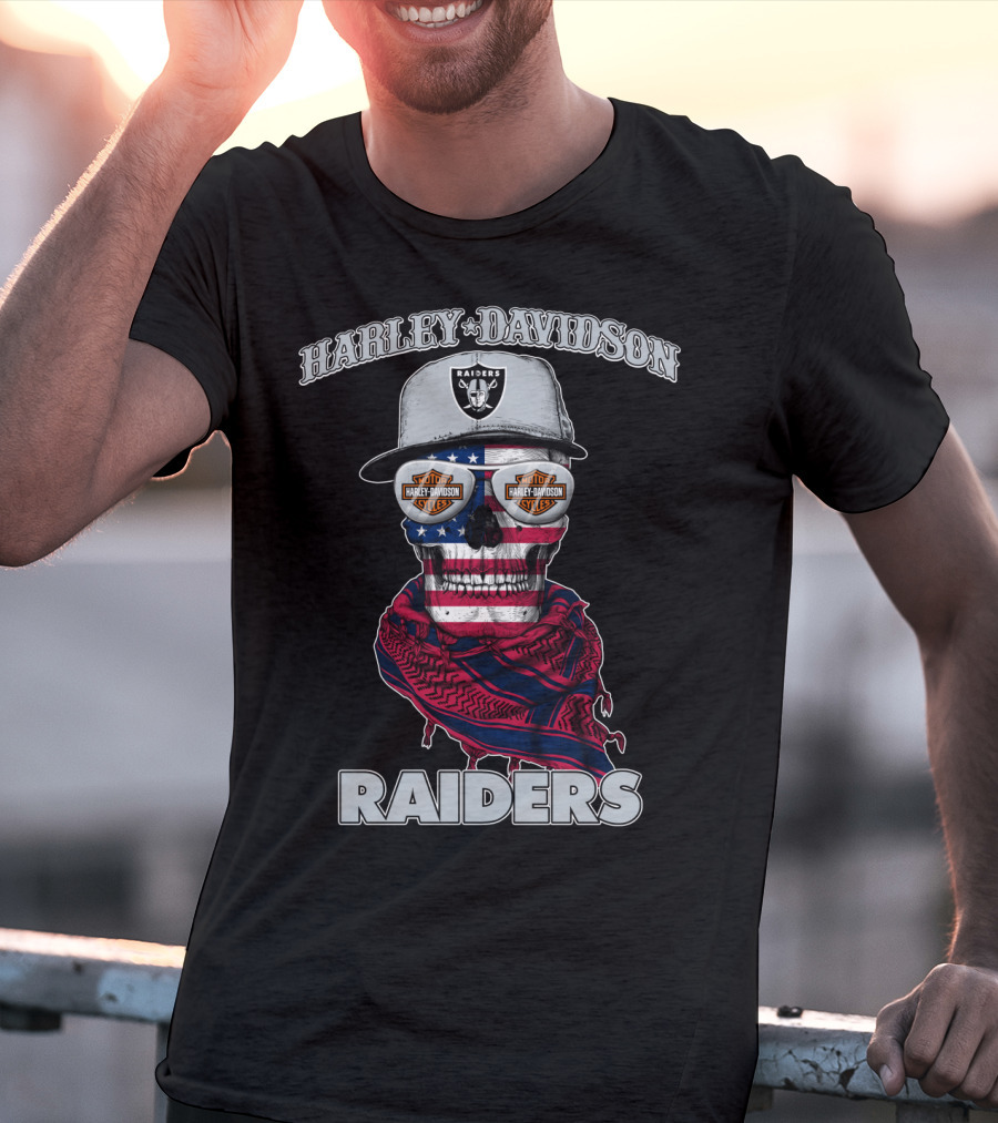 Harley Davidson Raiders Skull American Flag Bandana Nfl X Las Vegas Raiders T-Shirt