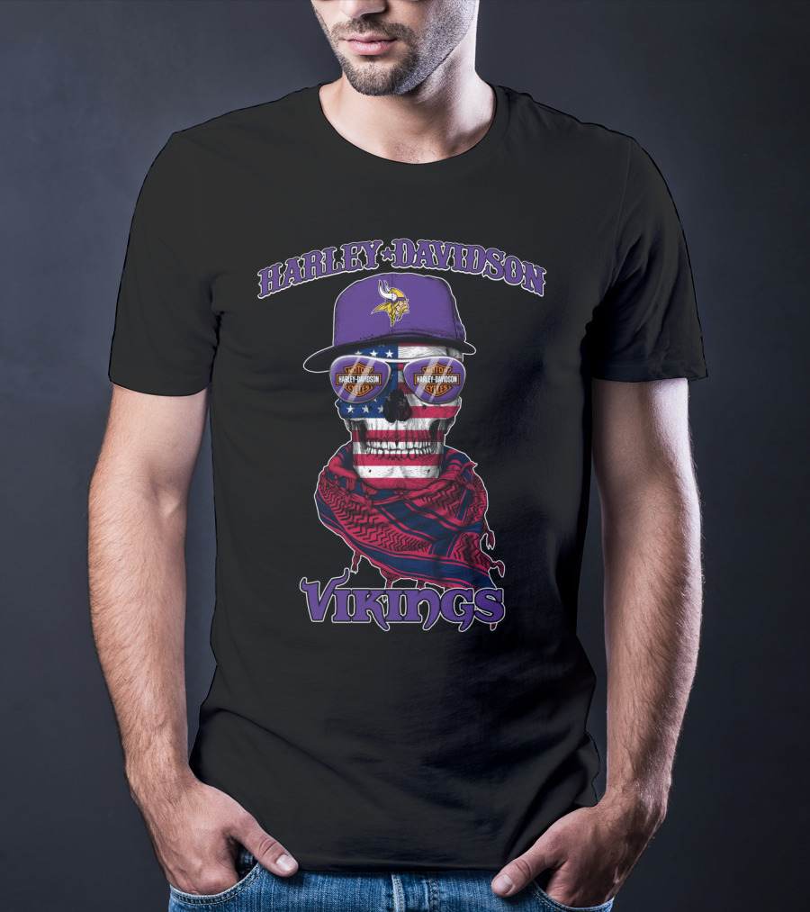 Harley Davidson Vikings Minnesota Skull Usa Flag Nfl T-Shirt