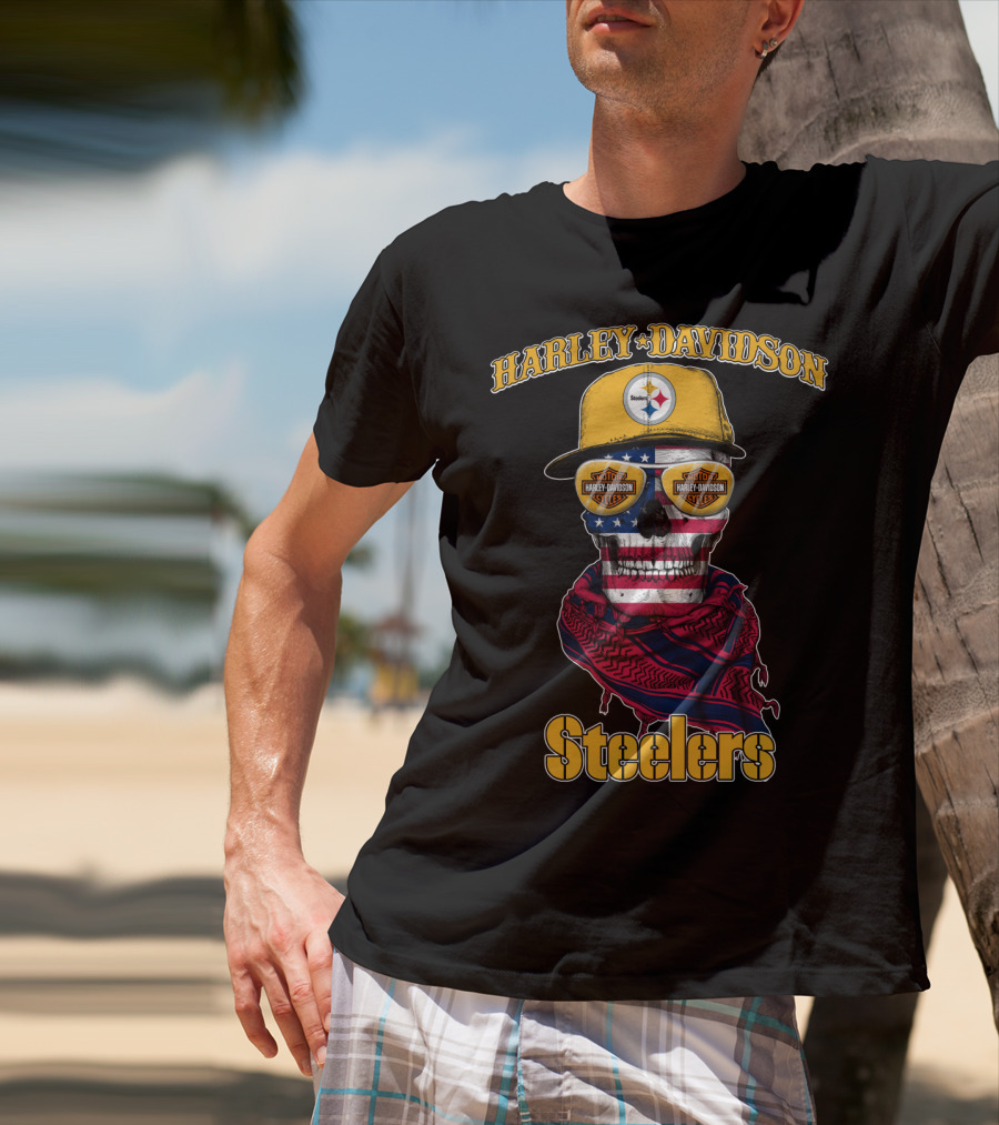 Harley Davidson Steelers American Flag Skull Cap T-Shirt