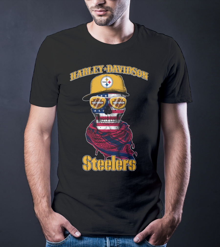 Harley Davidson Steelers American Flag Skull Cap T-Shirt