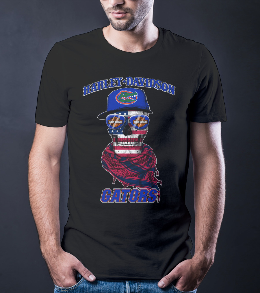 Harley Davidson Gators Florida American Flag Skull T-Shirt