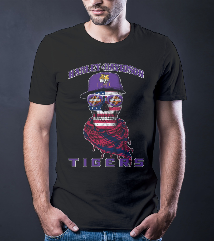 Harley Davidson Lsu Tigers Skull With American Flag And Cap T-Shirt