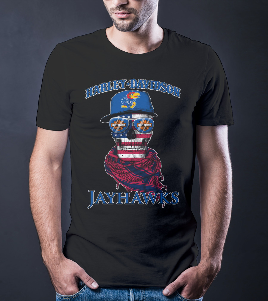 Harley Davidson Kansas Jayhawks Skull With Usa Flag Bandana And Logo Sunglasses T-Shirt