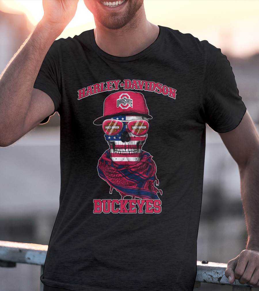 Harley Davidson Ohio State Buckeyes Usa Flag Skull T-Shirt
