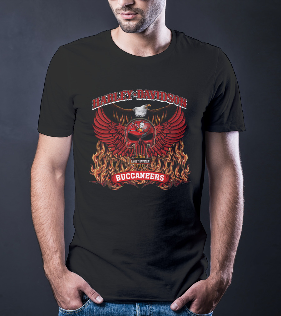 Harley Davidson Buccaneers Winged Skull Motor Cycles Flame T-Shirt