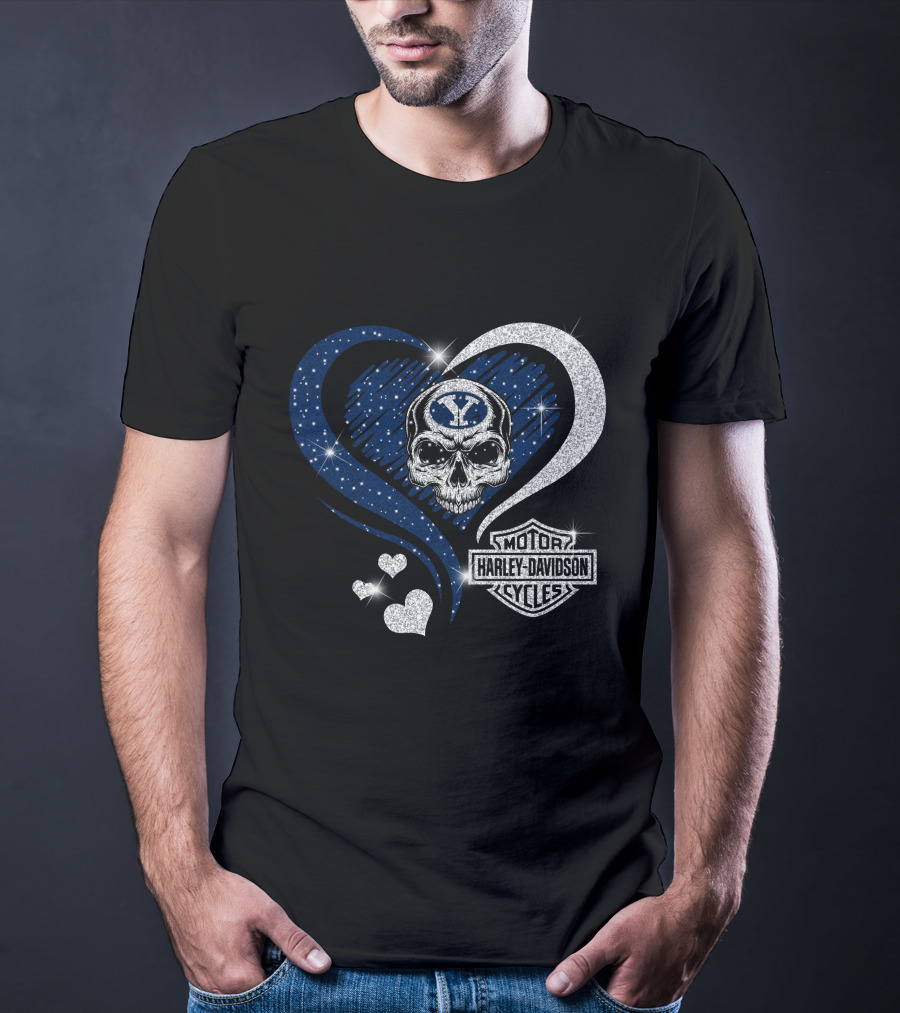 Ncaa Byu Cougars Skull Heart Harley Davidson Motor Cycles T-Shirt