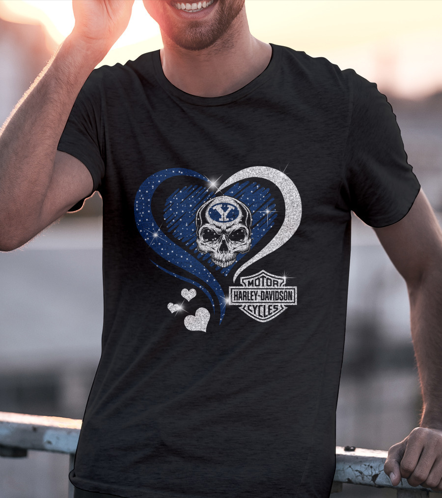 Ncaa Byu Cougars Skull Heart Harley Davidson Motor Cycles T-Shirt