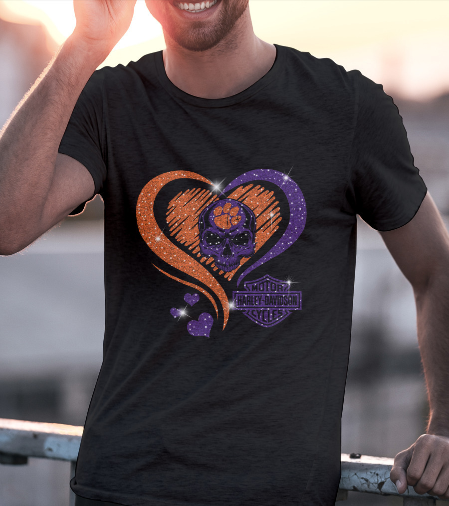 Clemson Tigers Harley Davidson Skull Heart T-Shirt