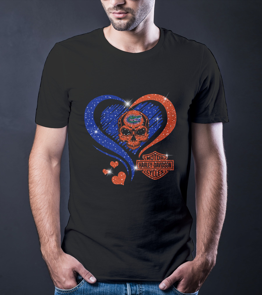 Ncaa Florida Gators Skull Heart Harley Davidson Motor Cycles T-Shirt