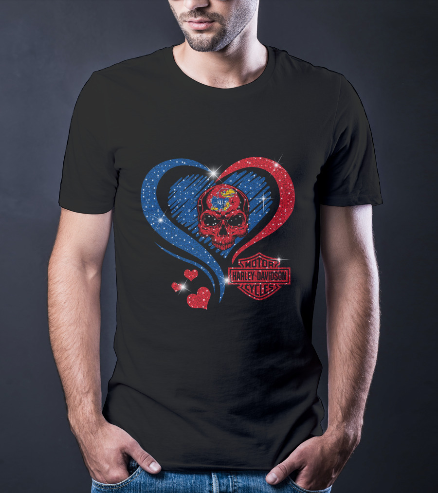 Kansas Jayhawks Harley Davidson Heart Skull T-Shirt