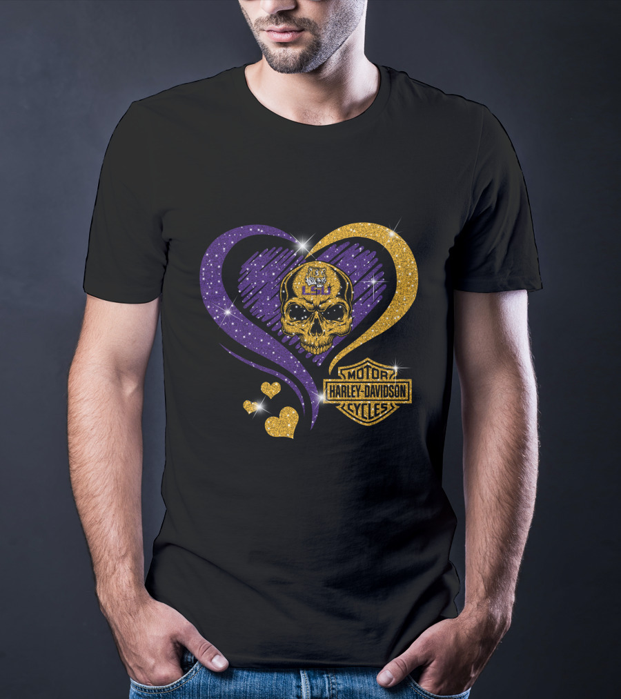Ncaa Lsu Tigers Skull Heart Harley Davidson Motor Cycles T-Shirt