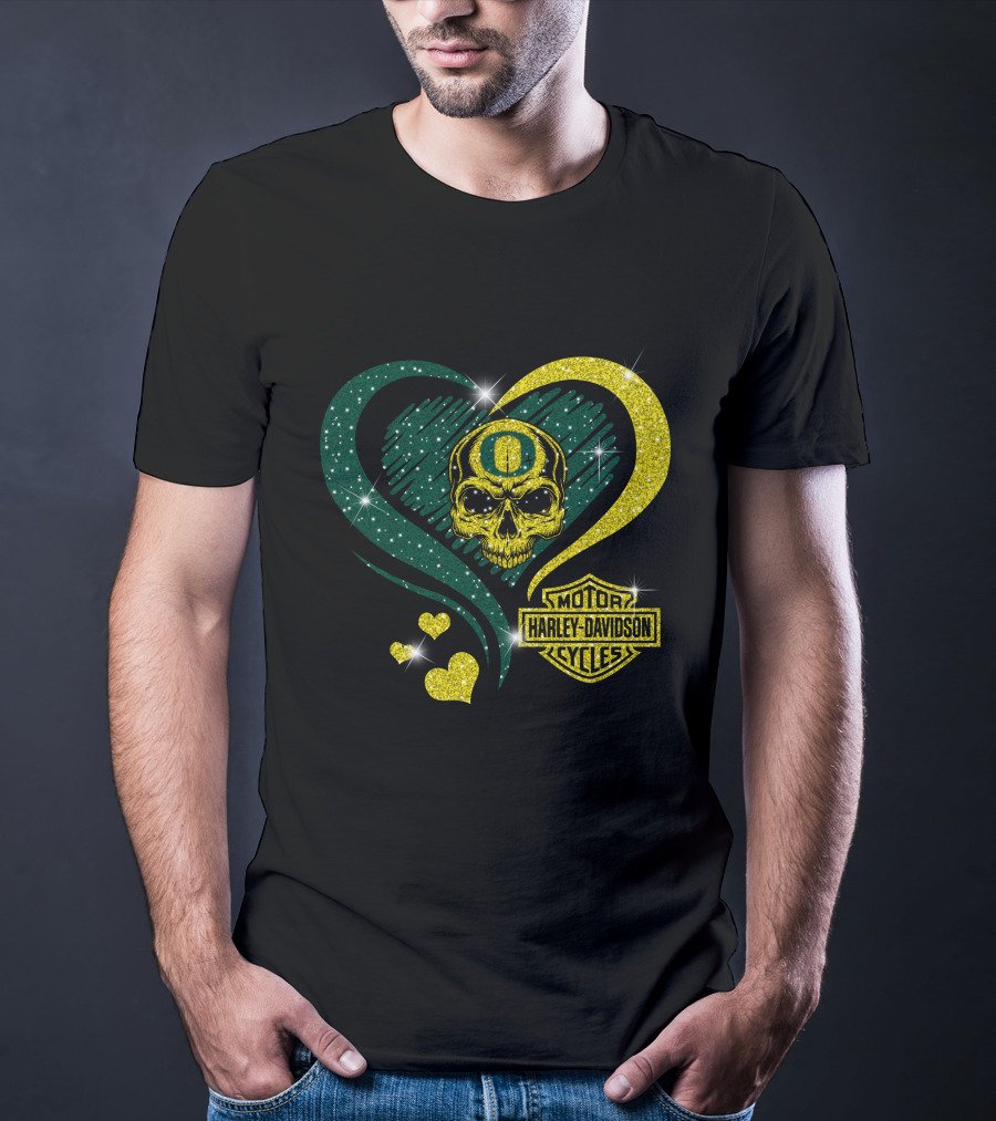 Ncaa Oregon Ducks Skull Harley Davidson Motor Cycles Heart T-Shirt