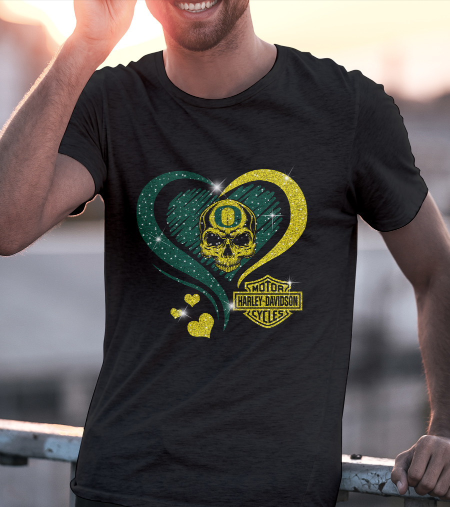 Ncaa Oregon Ducks Skull Harley Davidson Motor Cycles Heart T-Shirt
