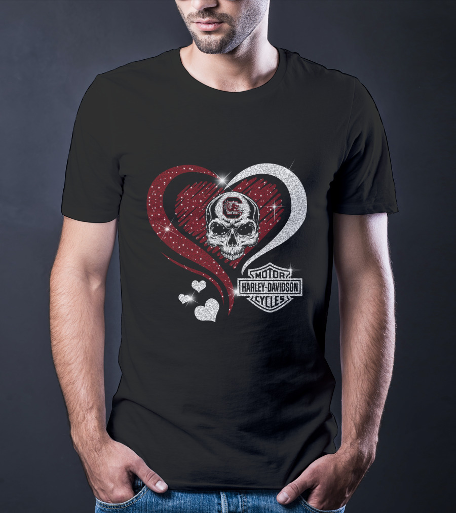 Ncaa South Carolina Gamecocks Skull Heart Harley Davidson Cycles T-Shirt