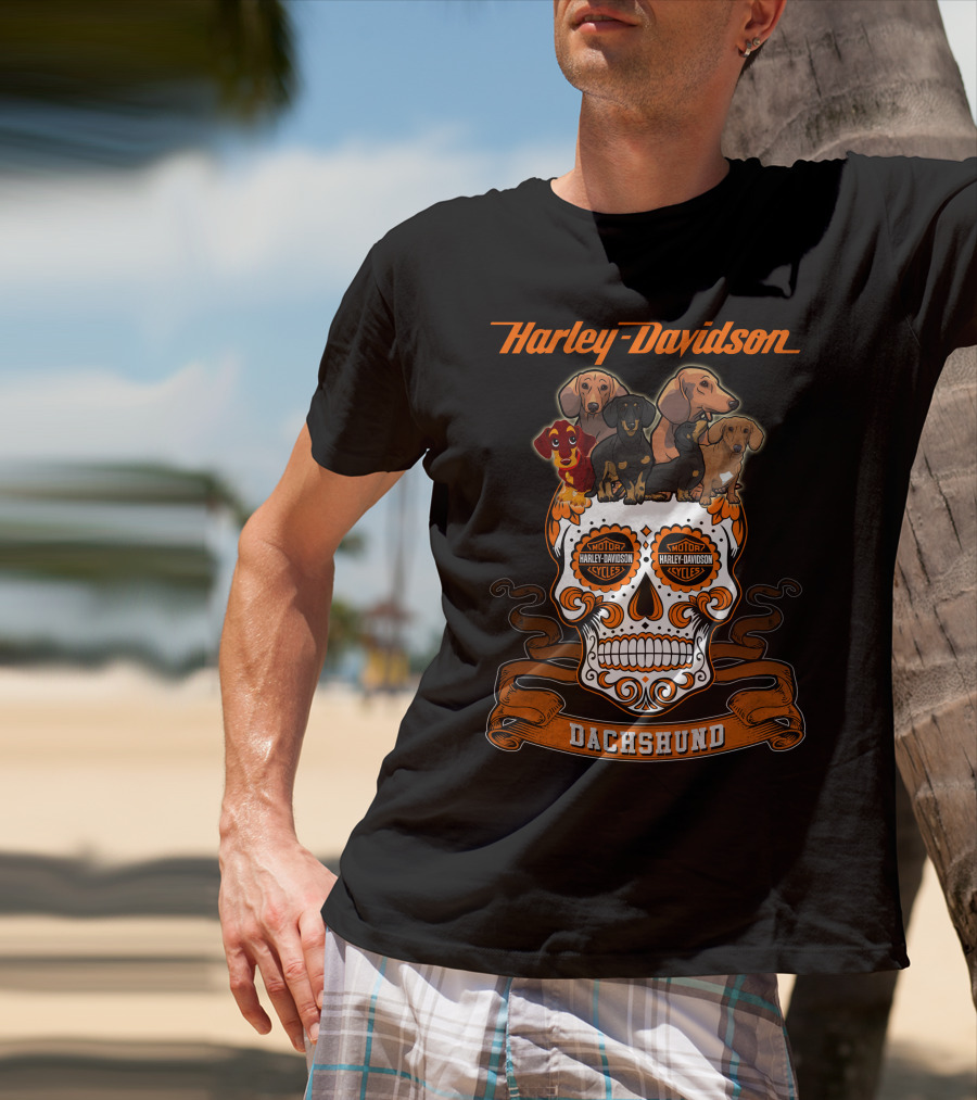 Harley Davidson Dachshund Skull With Motorcycles And Dachshunds T-Shirt