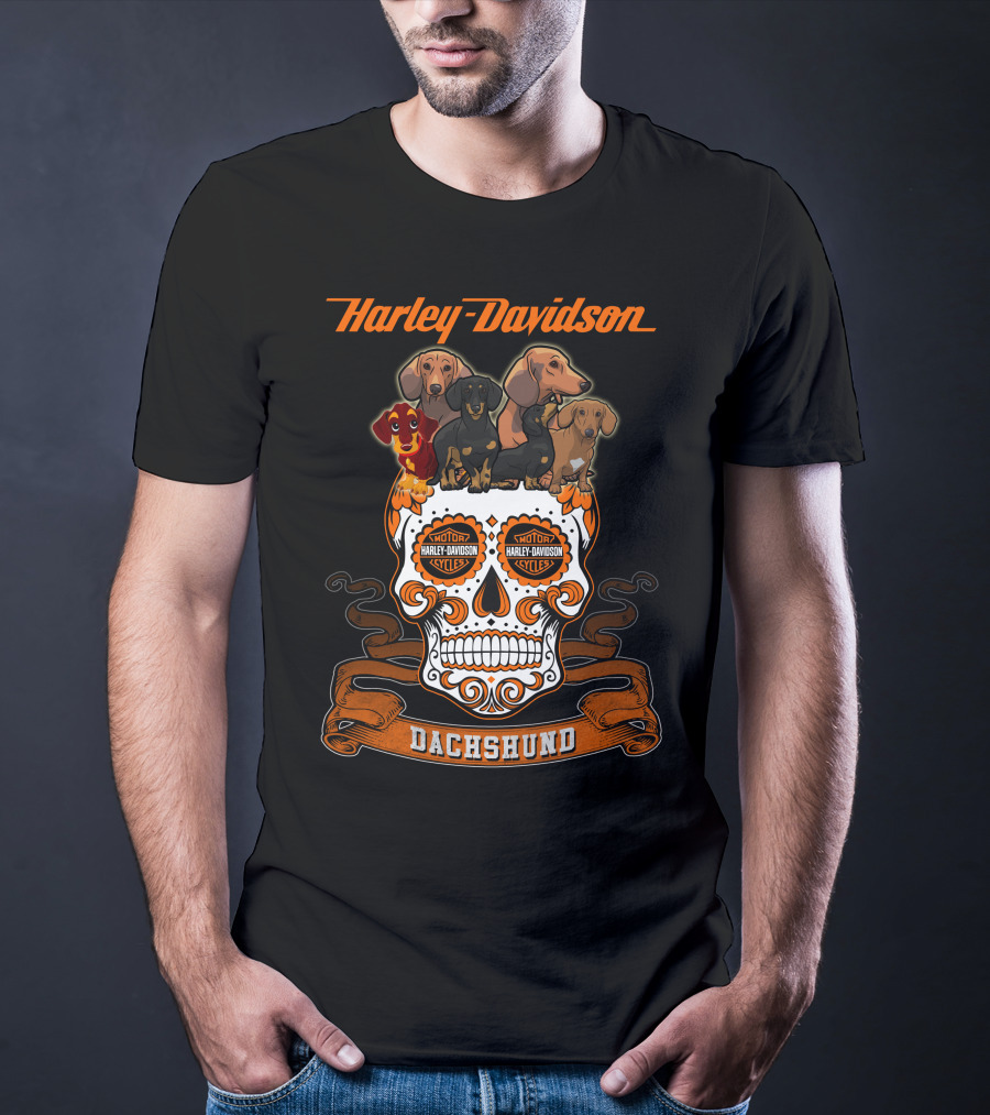 Harley Davidson Dachshund Skull With Motorcycles And Dachshunds T-Shirt