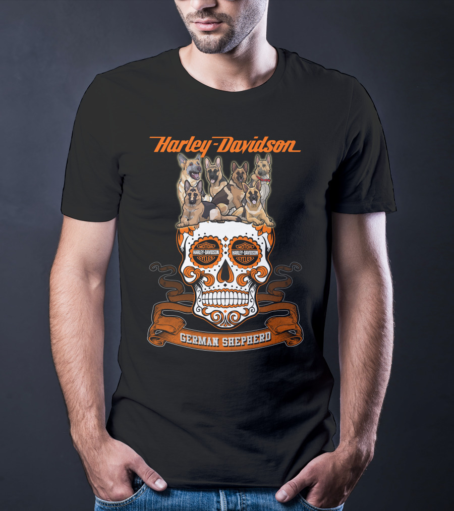 Harley Davidson German Shepherd Skull Motif T-Shirt