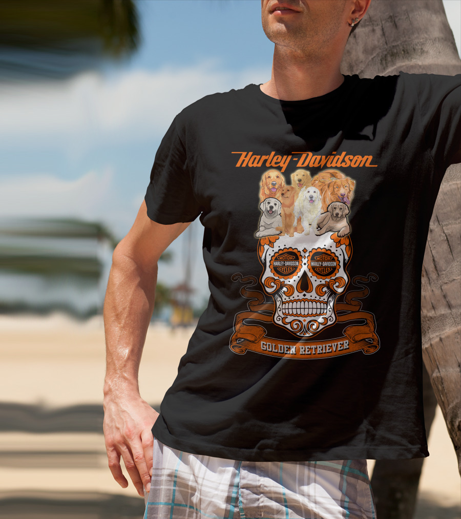 Harley Davidson Golden Retriever Skull Motif T-Shirt