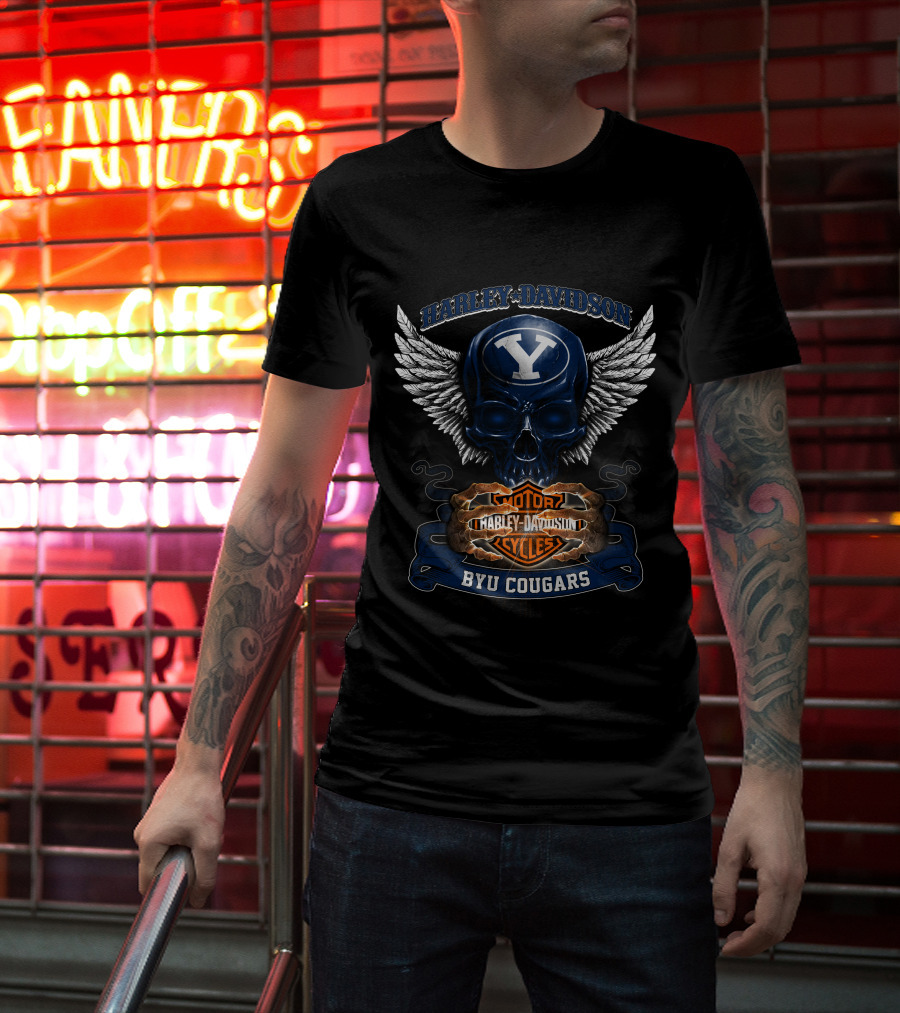 Harley Davidson Byu Cougars Y Skull Wings Motor Cycles T-Shirt