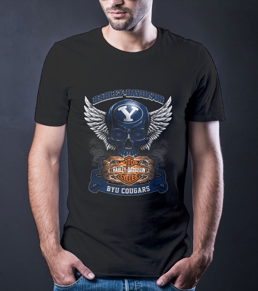 Harley Davidson Byu Cougars Y Skull Wings Motor Cycles T-Shirt