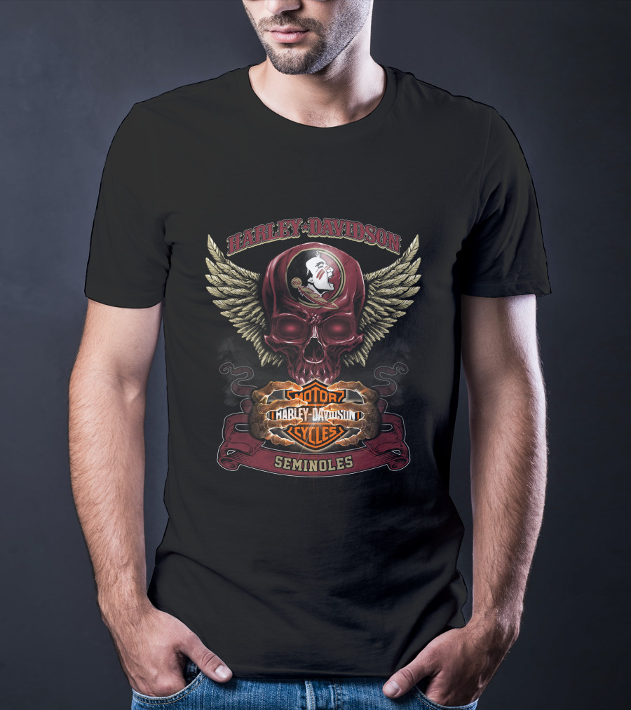 Harley Davidson Seminoles Skull With Florida State Motor Cycles Wings T-Shirt