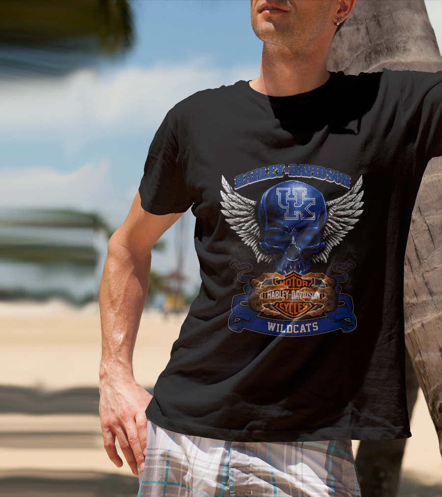 Harley Davidson Kentucky Wildcats Motorcycles Skull Wings T-Shirt