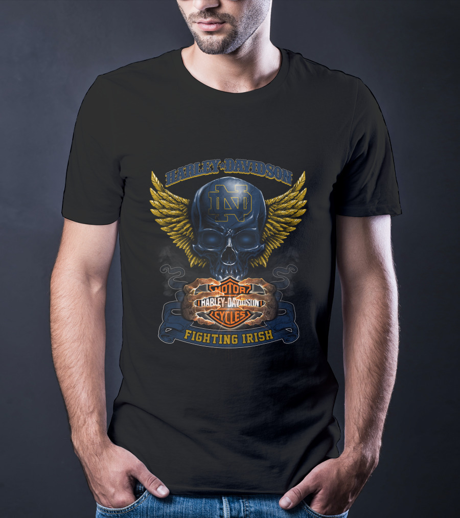 Harley Davidson Notre Dame Nd Motor Cycles Fighting Irish Skull Wings T-Shirt