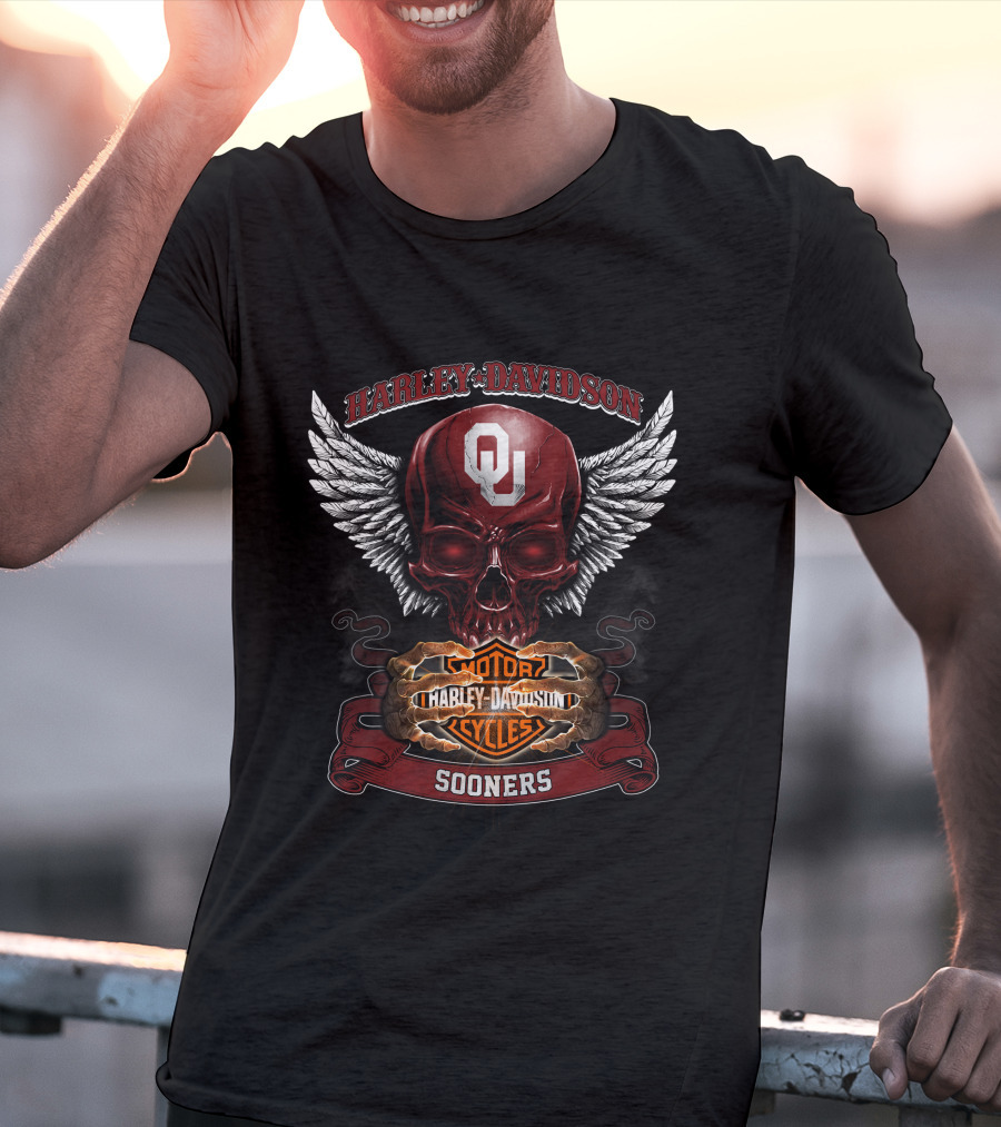 Harley Davidson Oklahoma Sooners Ou Winged Skull Motorcycles T-Shirt