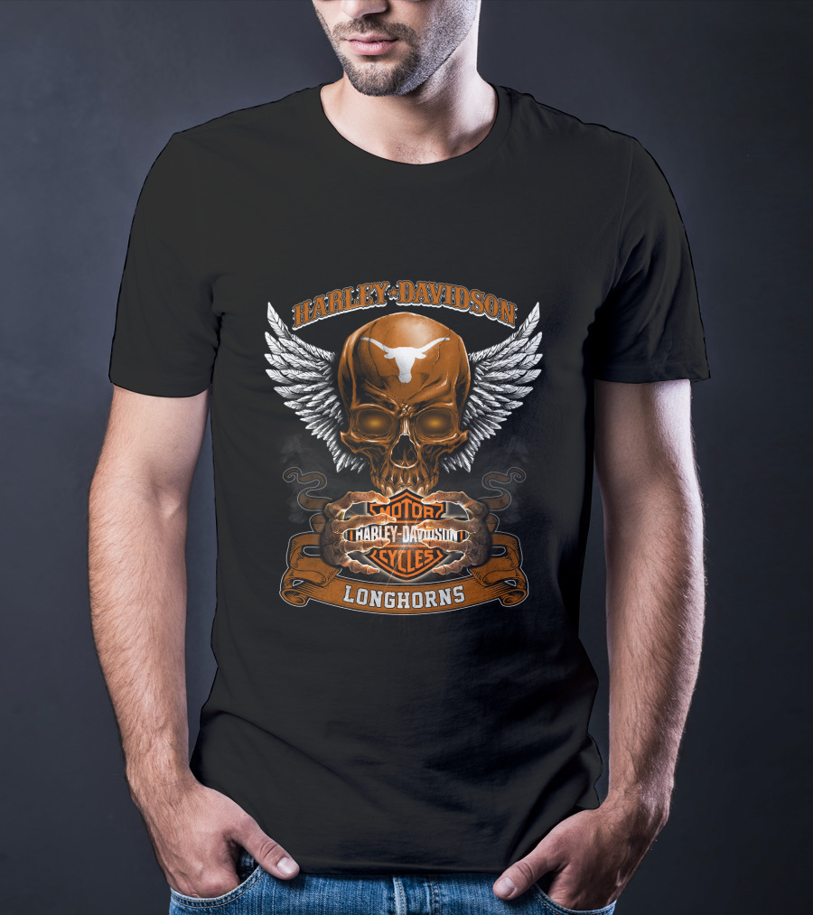 Harley Davidson Longhorns Texas Skull Wings Motorcycles T-Shirt
