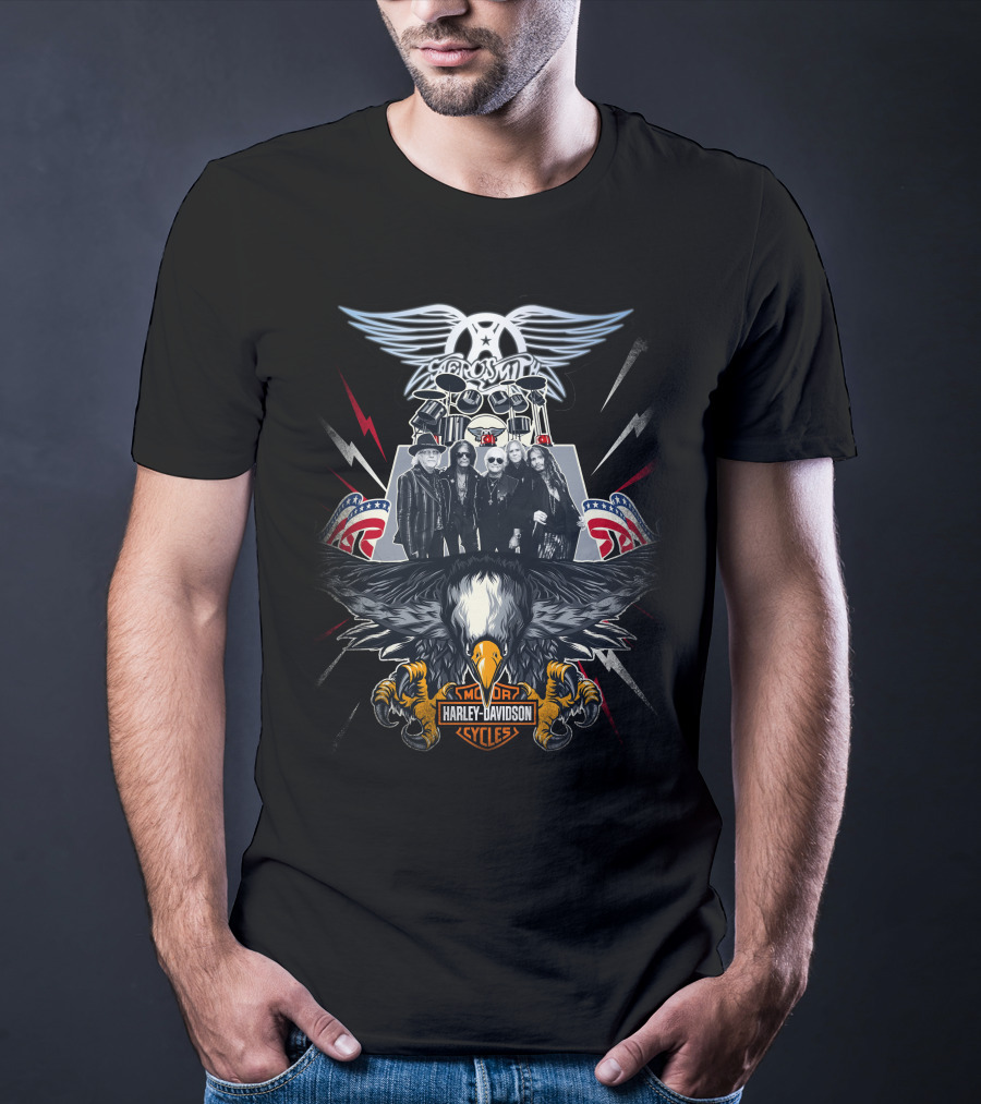 Aerosmith Harley Davidson Motor Cycles Eagle Lightning Band T-Shirt
