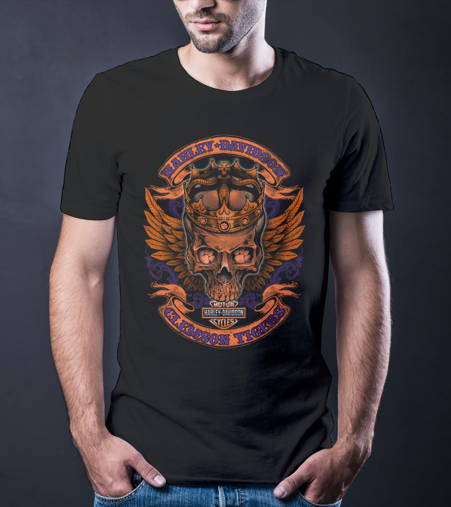 Harley Davidson Motor Cycles Skull Crown Clemson Tigers T-Shirt