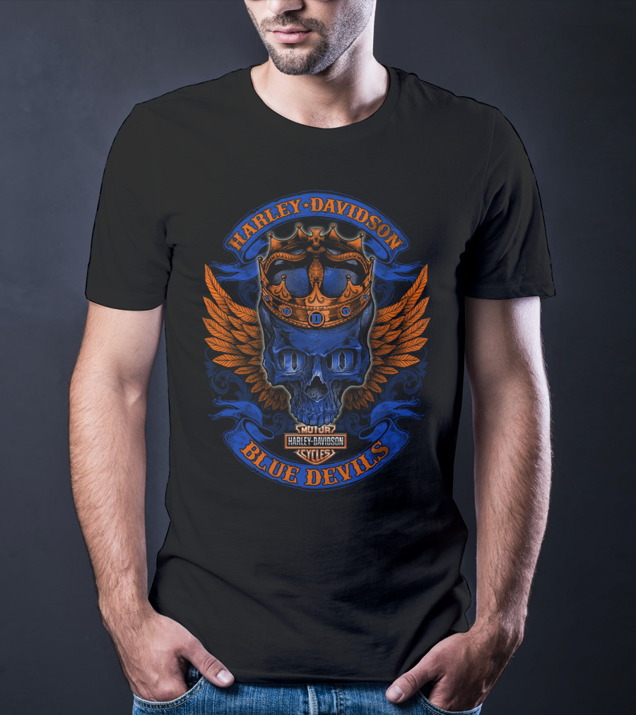 Harley Davidson Blue Devils Skull Crown Wings Motor Cycles T-Shirt