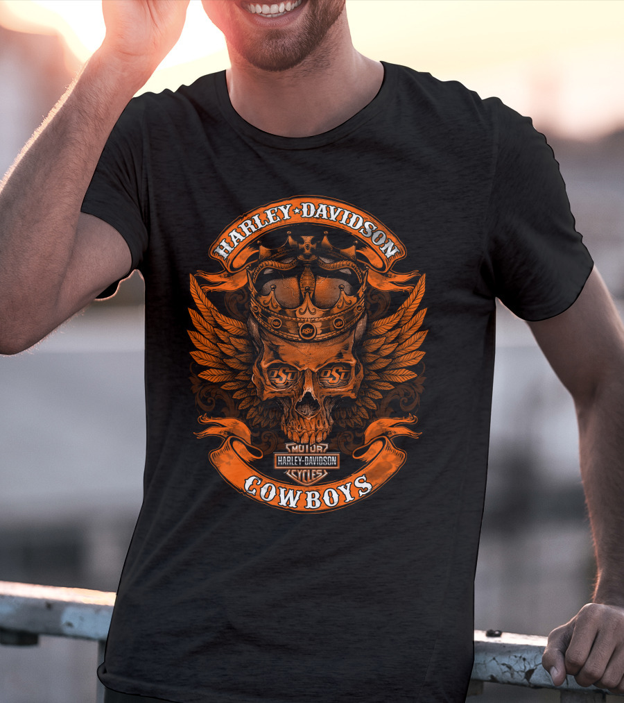 Harley Davidson Motorcycles Osu Cowboys Skull Wings T-Shirt