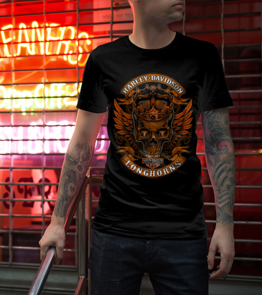 Harley Davidson Longhorns Skull Crown Wings T-Shirt