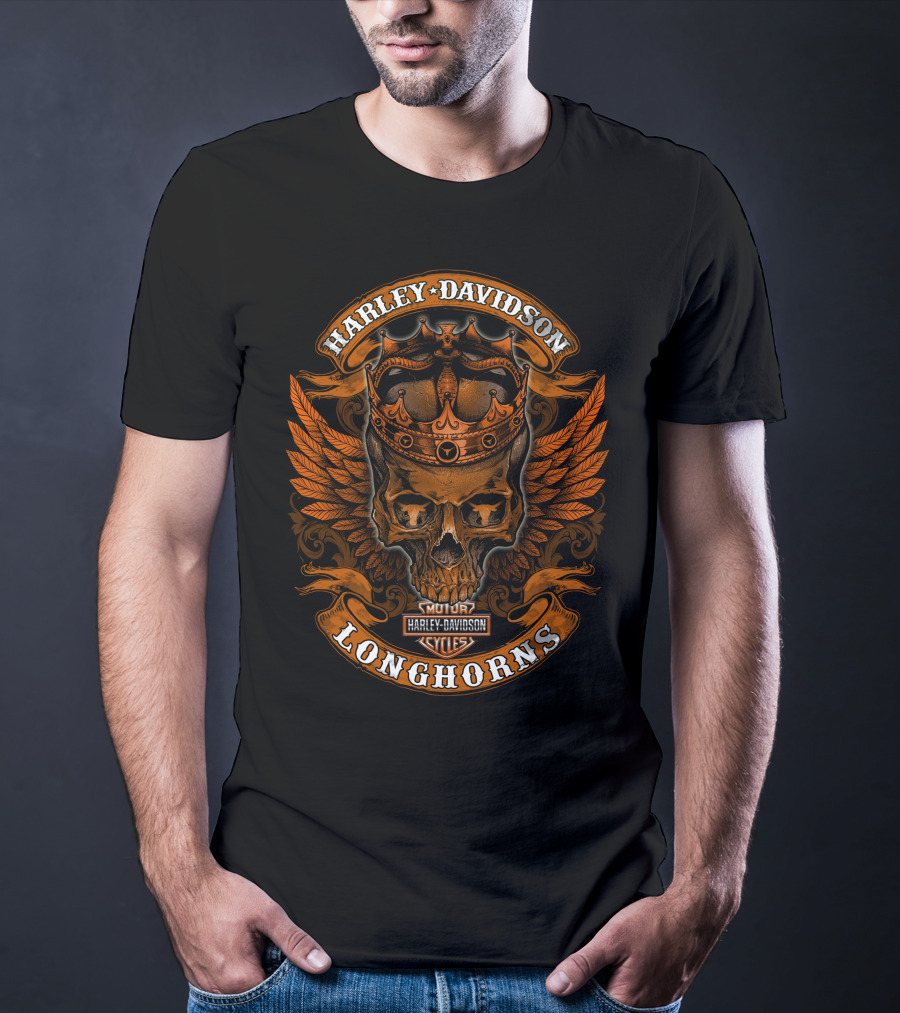 Harley Davidson Longhorns Skull Crown Wings T-Shirt